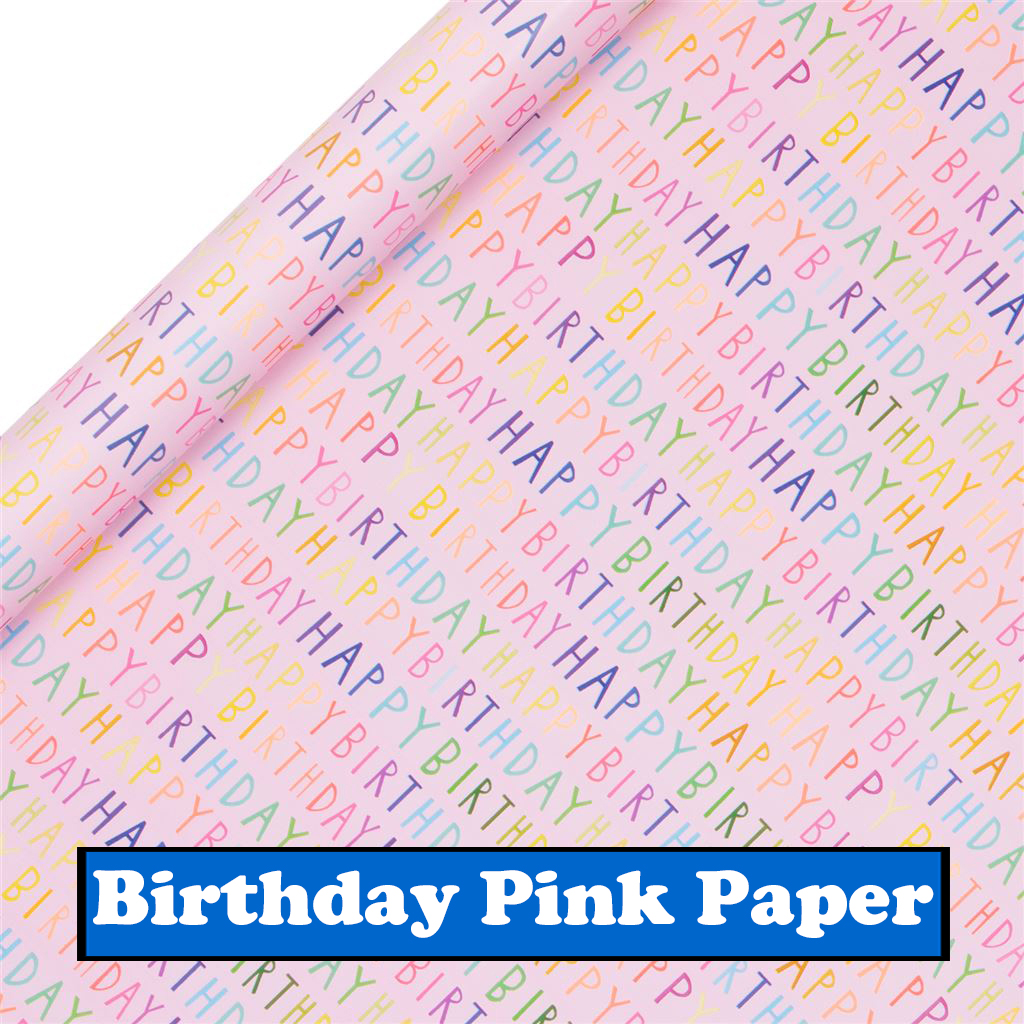 pink wrapping paper with multicoloured happy birthdays